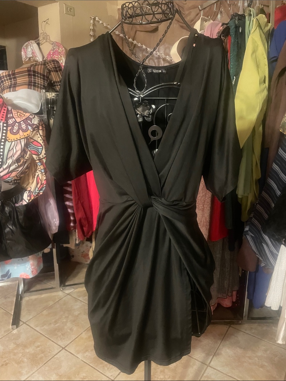 SHEIN Black Knot-Front V-Neck Mini Dress